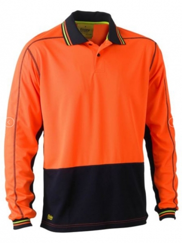 Bisley Mens Hi Vis Polo Mesh Shirt Long Sleeve - Orange/Navy