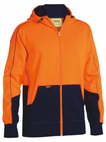 Bisley Mens HiVis Zip Front Fleece Hoodie - Orange/Navy