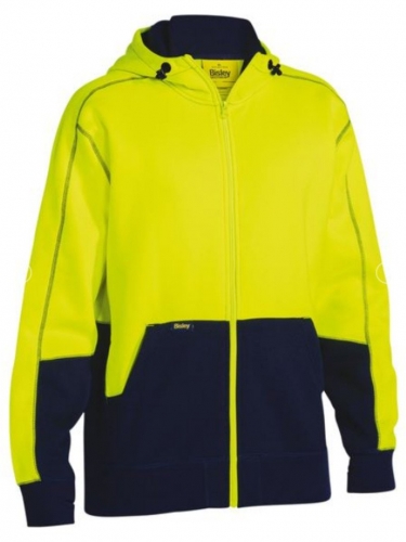 Bisley Mens HiVis Zip Front Fleece Hoodie - Yellow/Navy