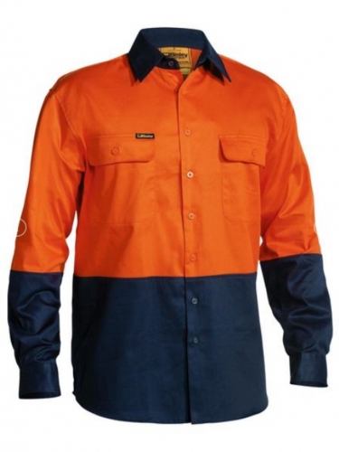 Bisley Mens Shirt Long Sleeve Drill - Orange/Navy