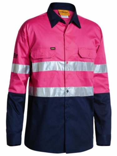 Bisley Mens Taped Cool Light Weight Hi Vis - Pink/Navy Shirt