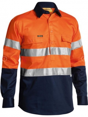 Bisley Mens 1/2 Button Hi Vis Drill Shirt L/S - Orange/Navy