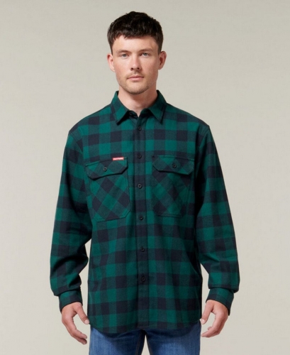 Hard Yakka Mens Long Sleeve Check Flannel Cotton Shirt - Bottle Green