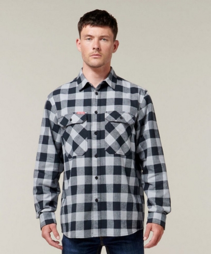 Hard Yakka Mens Long Sleeve Check Flannel Cotton Shirt - Smoke